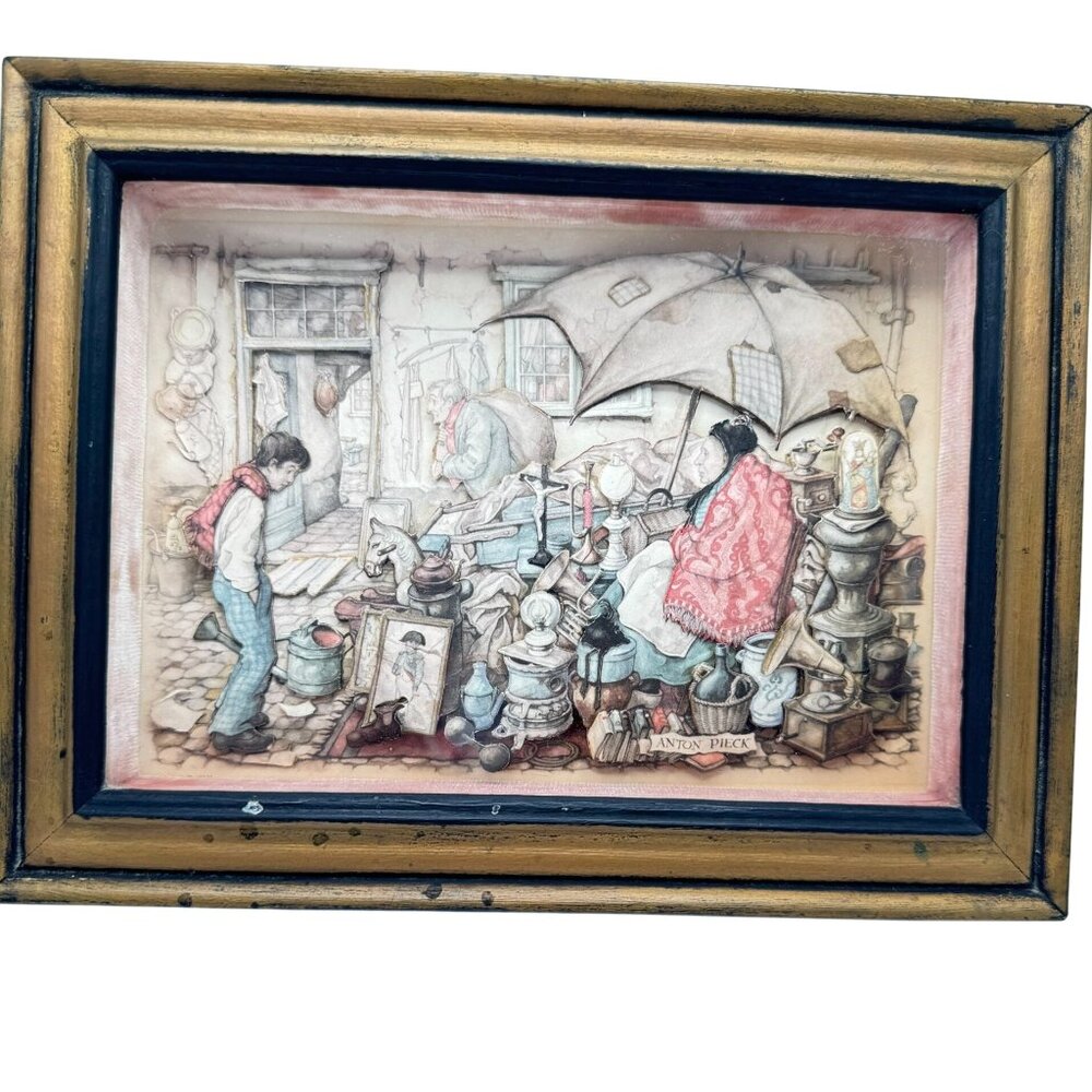1966 Anton Pieck 3D Shadow Box Diorama "Flea Market" Framed Art Vintage